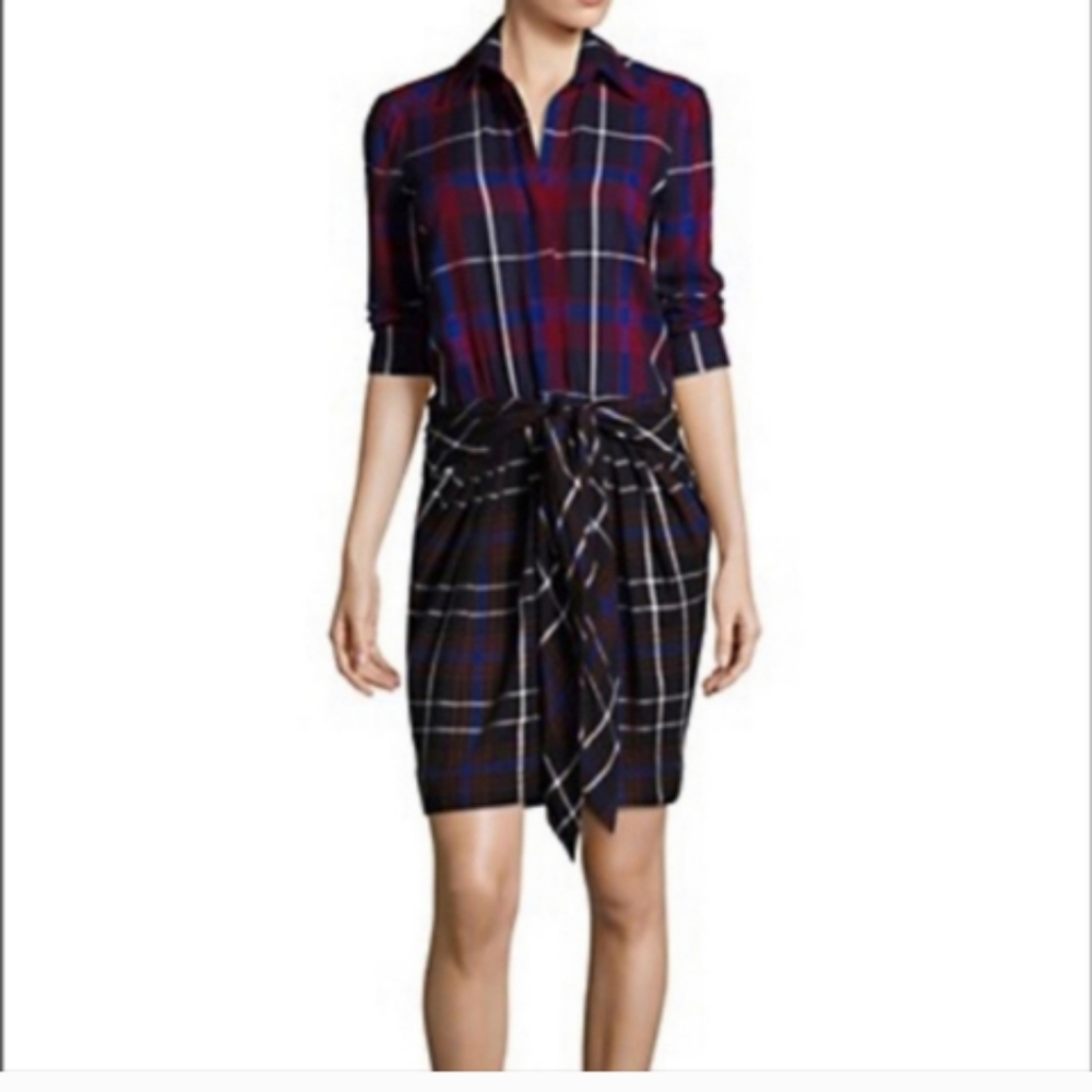 L'AGENCE  Kylie Plaid Tie Front Dress in Blue and Red